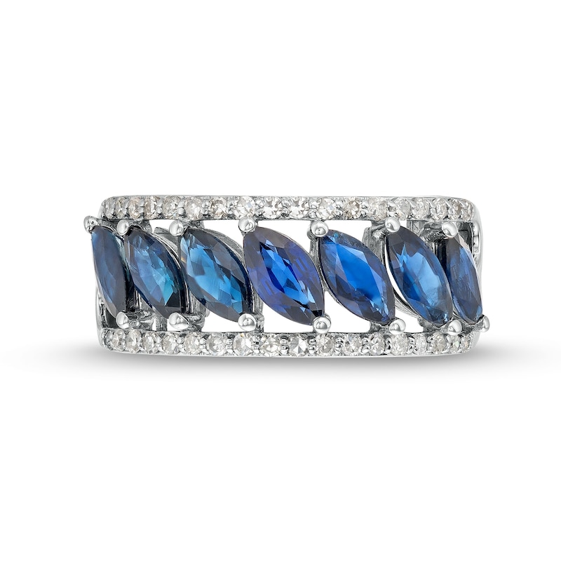 Previously Owned - Slanted Marquise-Cut Blue Sapphire and 0.20 CT. T.W. Diamond Edge Band in 10K White Gold