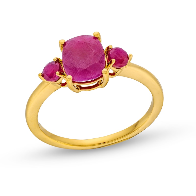 Previously Owned - Elongated Cushion-Cut Certified Ruby Three Stone Ring in 10K Gold