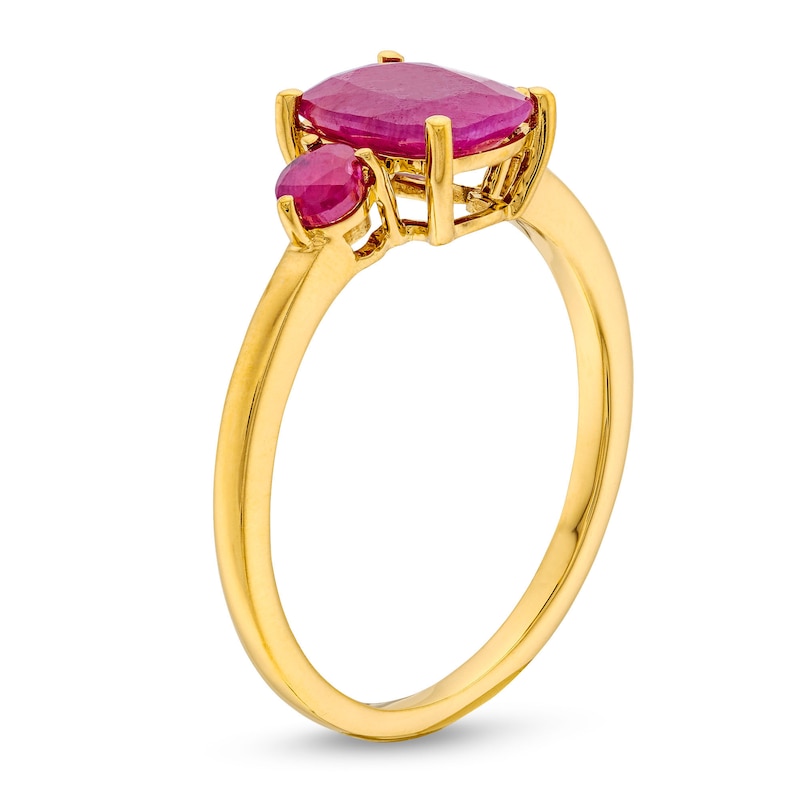 Previously Owned - Elongated Cushion-Cut Certified Ruby Three Stone Ring in 10K Gold