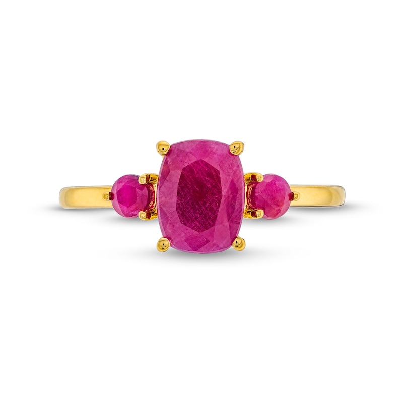 Previously Owned - Elongated Cushion-Cut Certified Ruby Three Stone Ring in 10K Gold