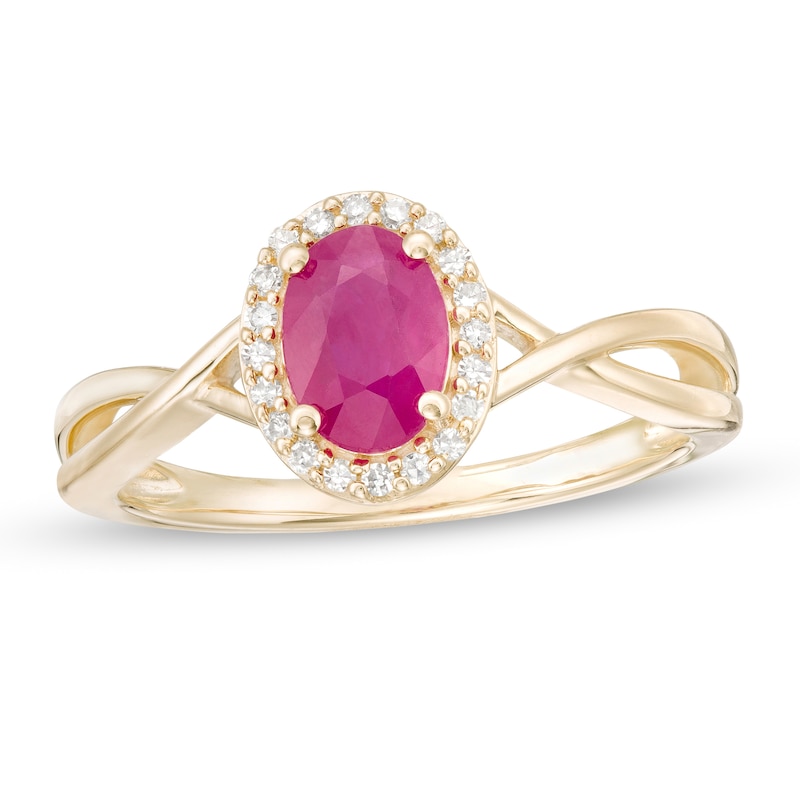 Previously Owned - Oval Certified Ruby and 0.08 CT. T.W. Diamond Frame Twist Shank Ring in 10K Gold