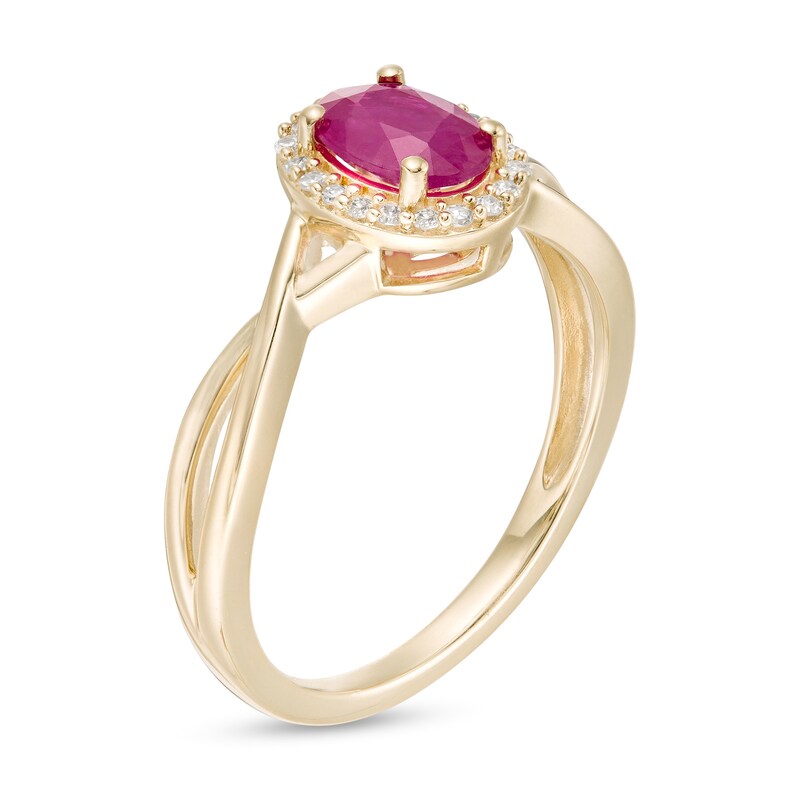 Previously Owned - Oval Certified Ruby and 0.08 CT. T.W. Diamond Frame Twist Shank Ring in 10K Gold