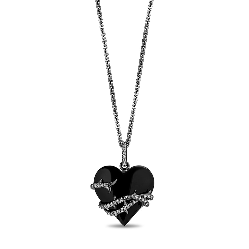 Previously Owned - Enchanted Disney Villains Maleficent Black Onyx and 0.0115 CT. T.W. Diamond Heart Pendant in Sterling Silver - 19"