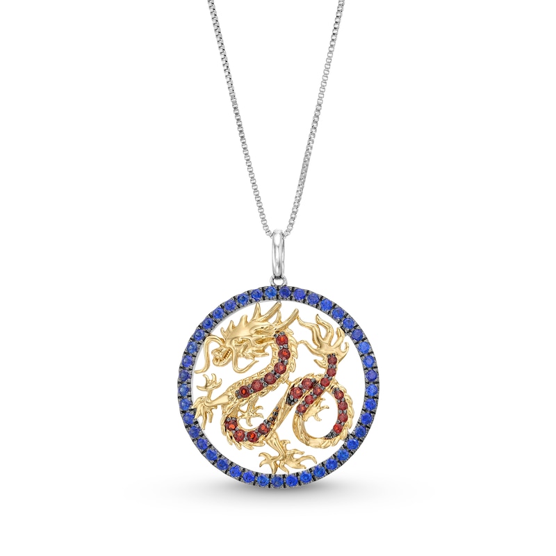 Previously Owned - Garnet and Blue Lab-Created Sapphire Dragon Circle Pendant in Sterling Silver and 10K Gold - 18"