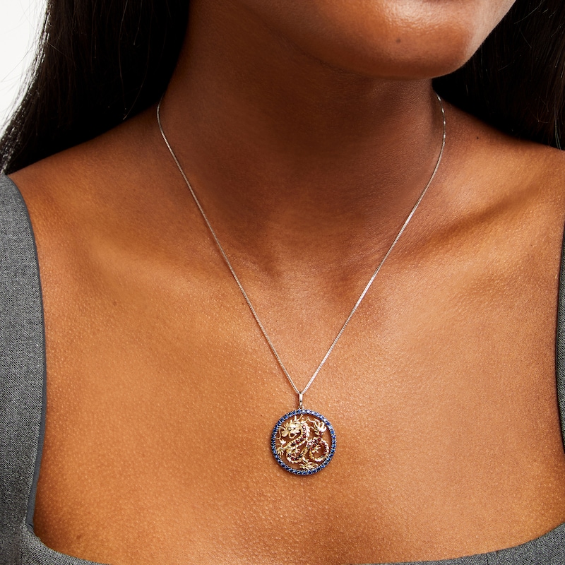 Previously Owned - Garnet and Blue Lab-Created Sapphire Dragon Circle Pendant in Sterling Silver and 10K Gold - 18"