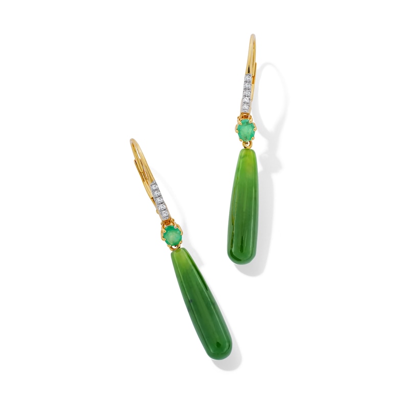Previously Owned - Jade and Emerald with 0.05 CT. T.W. Diamond Teardrop Earrings in 18K Gold
