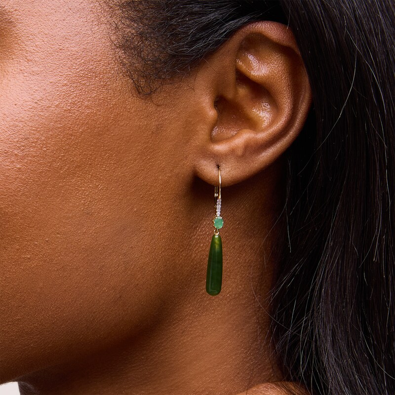 Previously Owned - Jade and Emerald with 0.05 CT. T.W. Diamond Teardrop Earrings in 18K Gold