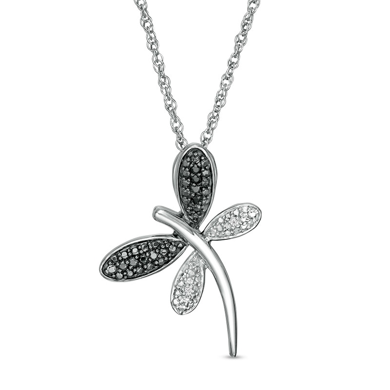 Previously Owned - 0.04 CT. T.W. Enhanced Black and White Diamond Dragonfly Pendant in Sterling Silver