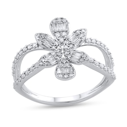 Previously Owned - 0.45 CT. T.W. Multi-Diamond Flower Split Shank Ring in 10K White Gold