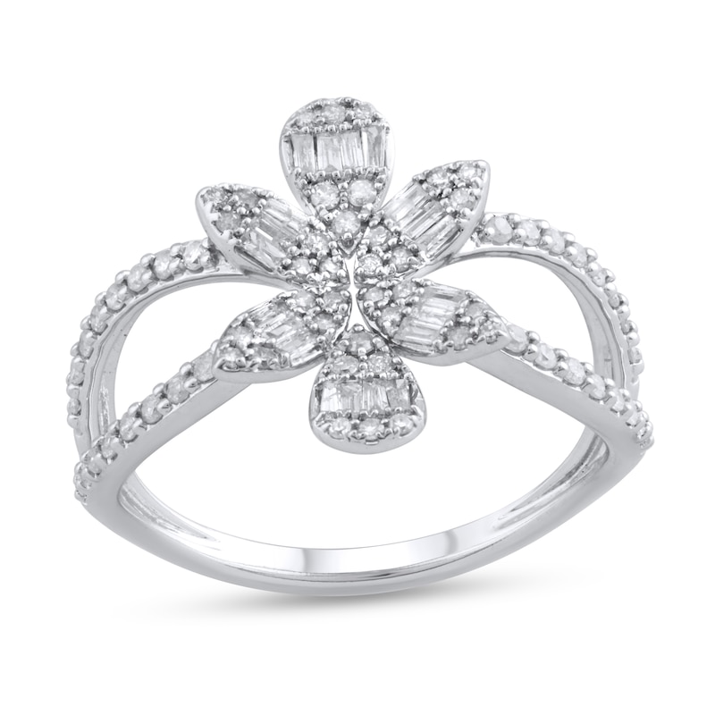 Previously Owned - 0.45 CT. T.W. Multi-Diamond Flower Split Shank Ring in 10K White Gold