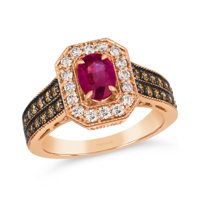 Previously Owned - Le Vian® Oval Passion Ruby™ and 0.84 CT. T.W. Diamond Frame Double Row Vintage-Style Ring in 14K Strawberry Gold®
