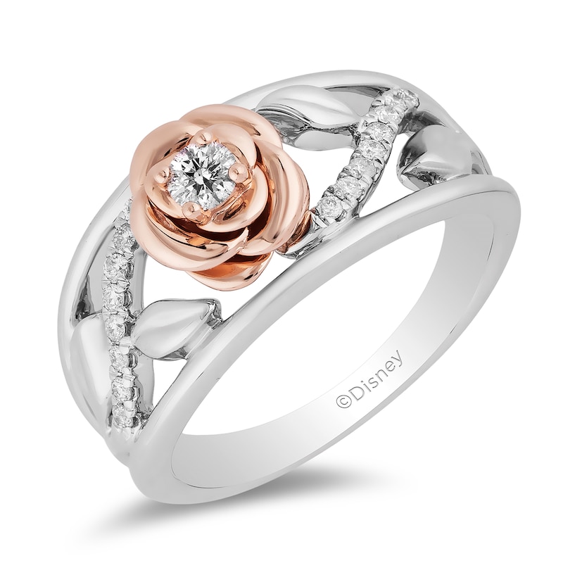 Previously Owned - Enchanted Disney Belle 0.18 CT. T.W. Diamond Rose with Vine Band in Sterling Silver and 10K Rose Gold