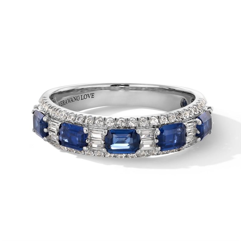 Previously Owned - Vera Wang Love Collection Baguette-Cut Blue Sapphire and 0.37 CT. T.W. Diamond Band in 14K White Gold