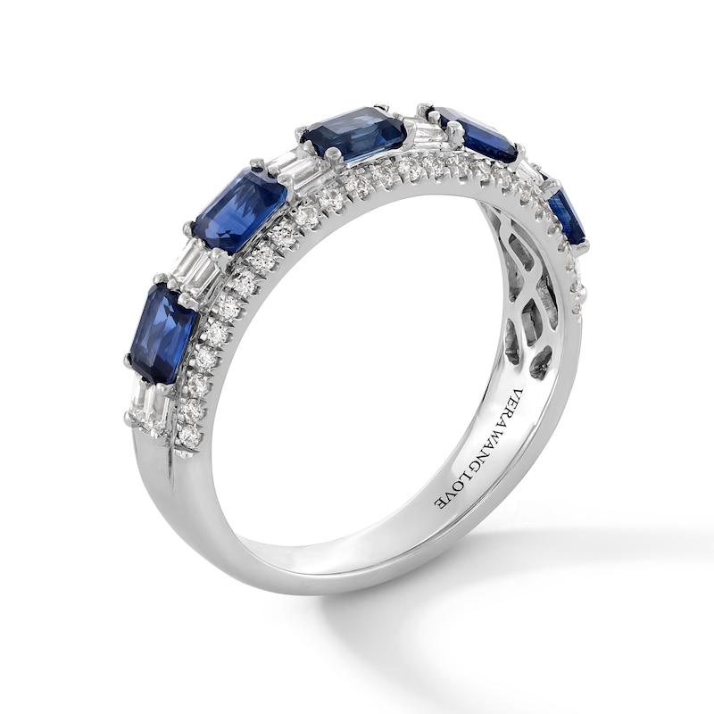 Previously Owned - Vera Wang Love Collection Baguette-Cut Blue Sapphire and 0.37 CT. T.W. Diamond Band in 14K White Gold