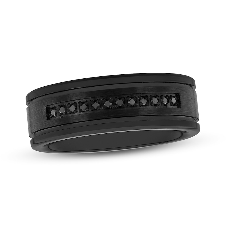 Previously Owned - Men's 0.09 CT. T.W. Black Diamond Double Groove Comfort-Fit Wedding Band in Tungsten with Black IP (1 Line)