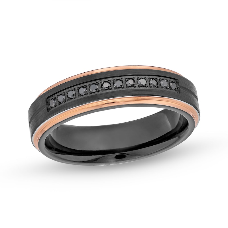 Previously Owned - 6.0mm Black Tungsten and 0.12 CT. T.W. Black Diamond Wedding Band with Rose-Tone Ion Plate - Size 10