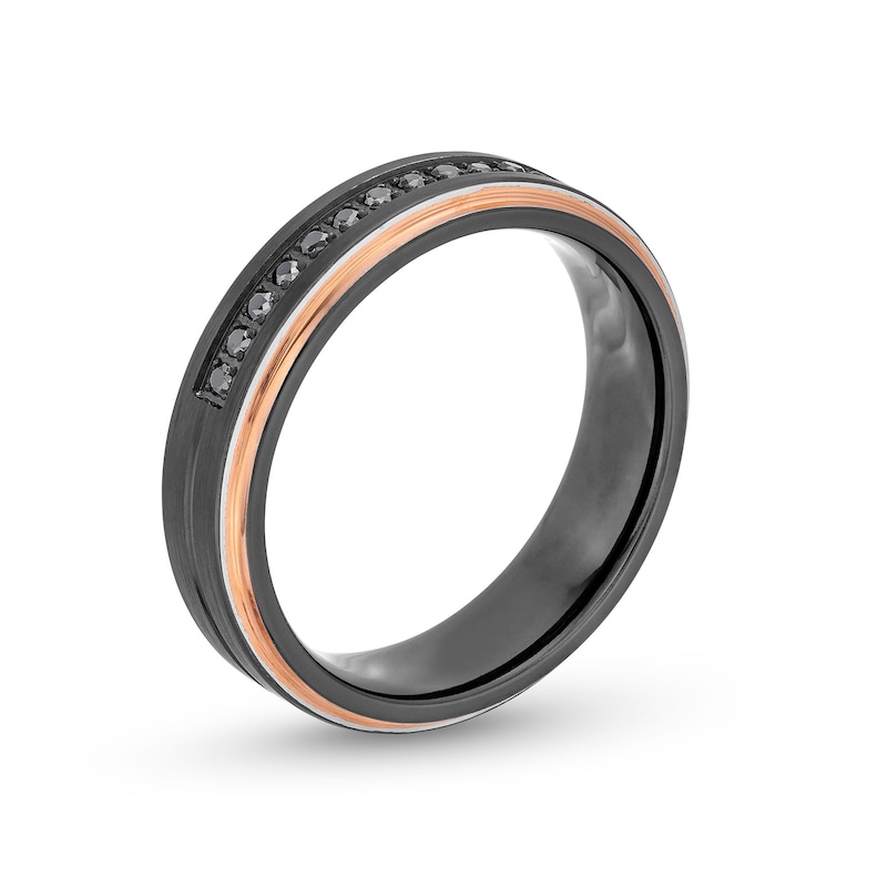Previously Owned - 6.0mm Black Tungsten and 0.12 CT. T.W. Black Diamond Wedding Band with Rose-Tone Ion Plate - Size 10