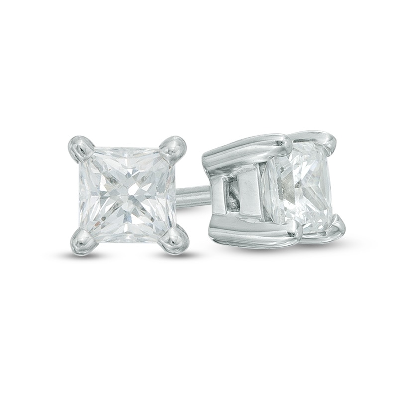 Previously Owned - 0.70 CT. T.W. Certified Canadian Princess-Cut Diamond Solitaire Stud Earrings in 14K White Gold (I/I2)