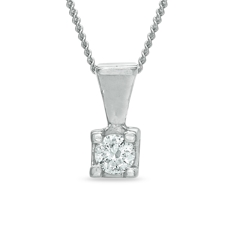 Previously Owned - 0.10 CT. Certified Canadian Diamond Square-Set Solitaire Pendant in 14K White Gold - 17"(I/I2)