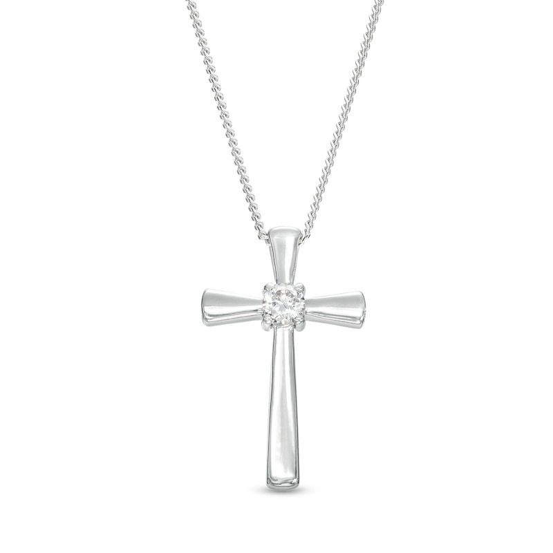 Previously Owned - 0.10 CT. Canadian Certified Diamond Solitaire Cross Pendant in Sterling Silver (I/I2) - 17"
