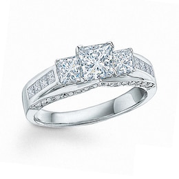 Previously Owned - 1.50 CT. T.W. Certified Canadian Princess-Cut Diamond Three Stone Ring in 14K White Gold (I/I1)