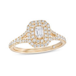 Previously Owned - Emmy London 0.80 CT. T.W. Certified Emerald-Cut Diamond Double Engagement Frame Ring in 18K Gold (F/ VS2)