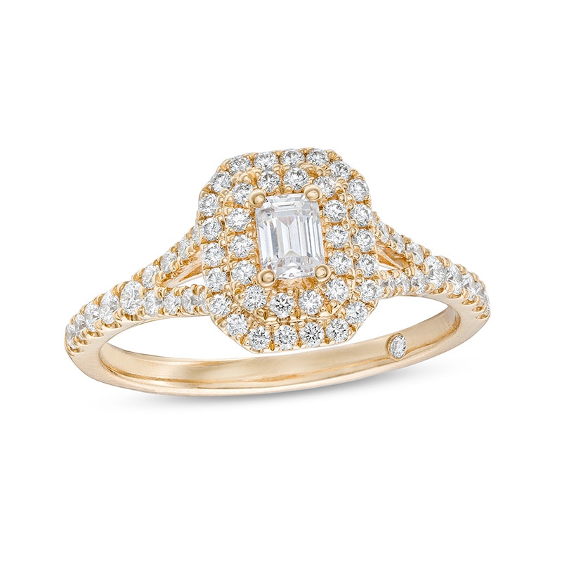 Previously Owned - Emmy London 0.80 CT. T.W. Certified Emerald-Cut Diamond Double Engagement Frame Ring in 18K Gold (F/ VS2)