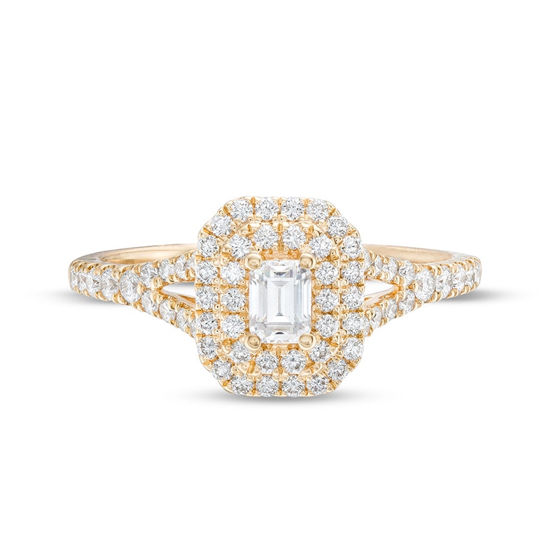 Previously Owned - Emmy London 0.80 CT. T.W. Certified Emerald-Cut Diamond Double Engagement Frame Ring in 18K Gold (F/ VS2)