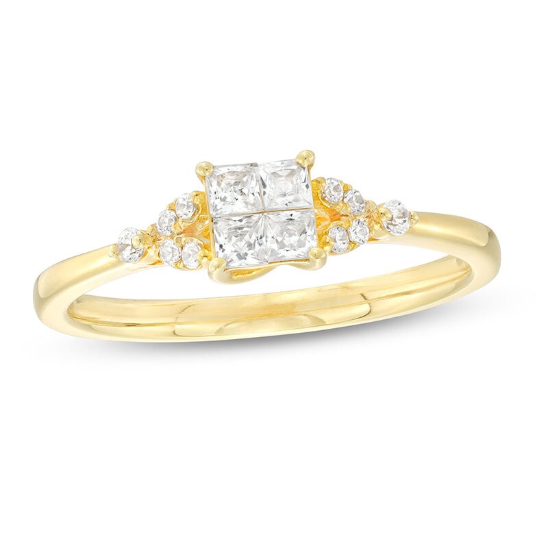 Previously Owned - 0.32 CT. T.W. Quad Princess-Cut Diamond Leaf-Sides Engagement Ring in 10K Gold