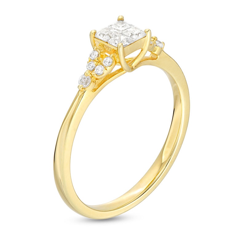 Previously Owned - 0.32 CT. T.W. Quad Princess-Cut Diamond Leaf-Sides Engagement Ring in 10K Gold
