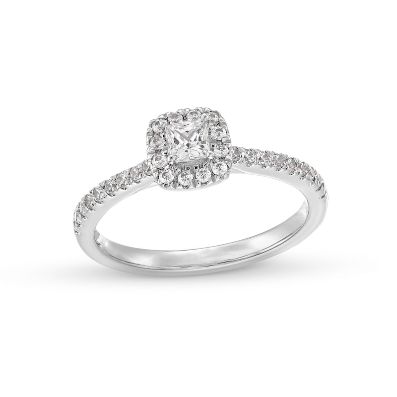 Previously Owned - 0.50 CT. T.W. Princess-Cut Lab-Grown Diamond Cushion Frame Promise Ring in 10K White Gold (F/SI2)