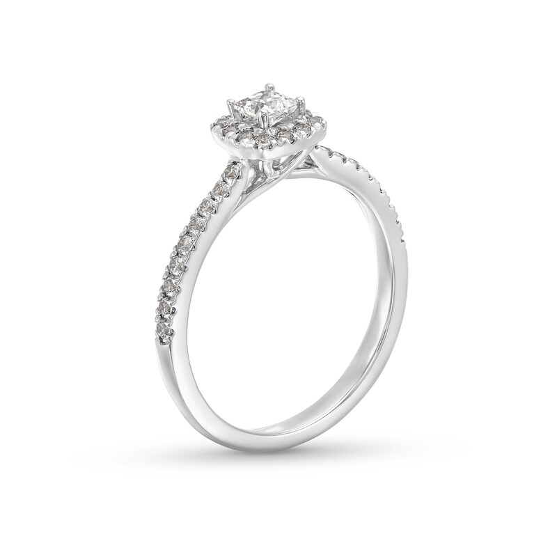 Previously Owned - 0.50 CT. T.W. Princess-Cut Lab-Grown Diamond Cushion Frame Promise Ring in 10K White Gold (F/SI2)