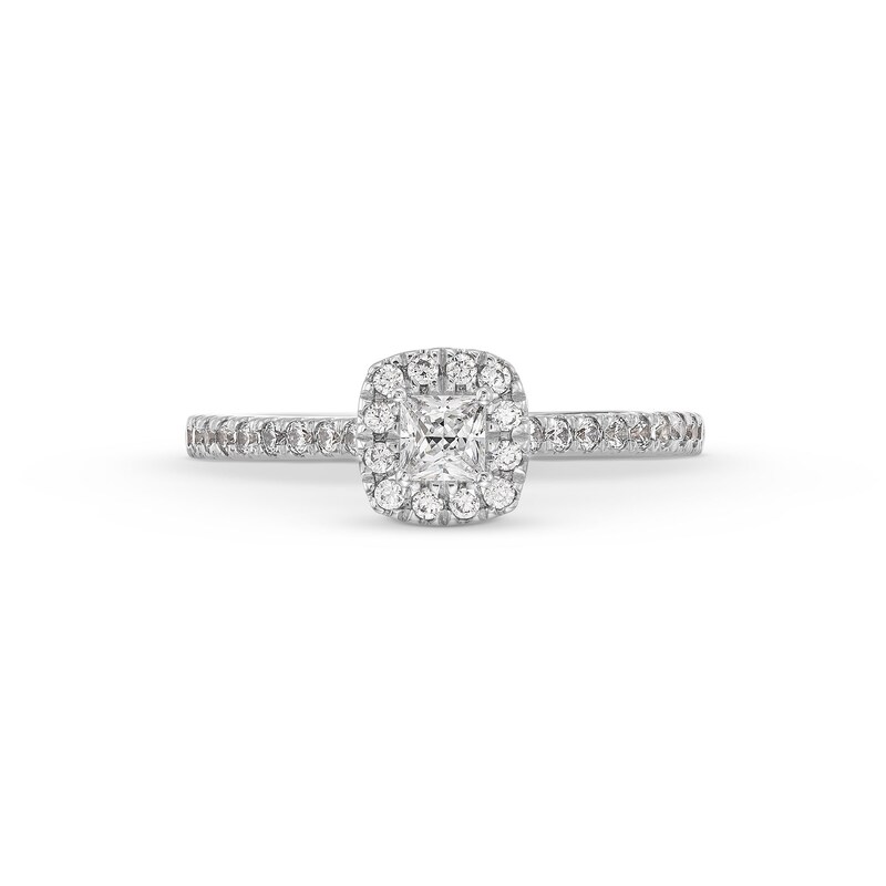 Previously Owned - 0.50 CT. T.W. Princess-Cut Lab-Grown Diamond Cushion Frame Promise Ring in 10K White Gold (F/SI2)