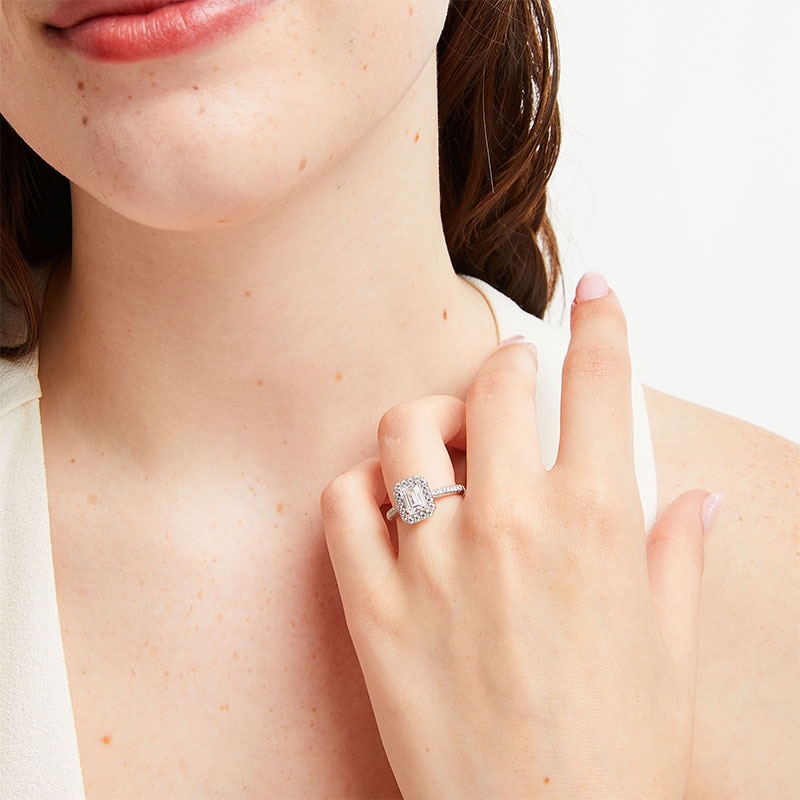 Previously Owned - 1.50 CT. T.W. Emerald-Cut Certified Lab-Grown Diamond Frame Engagement Ring in 14K White Gold (F/VS2)