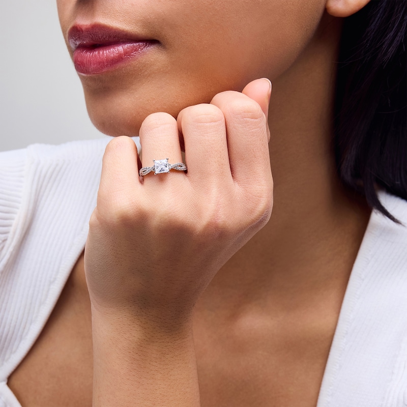 Previously Owned - 1.40 CT. T.W. Princess-Cut Certified Lab-Grown Diamond Twist Shank Engagement Ring in 14K White Gold (F/VS2)