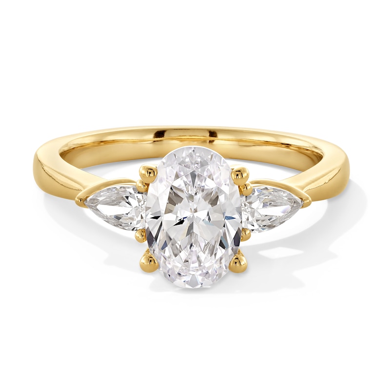 Previously Owned - 1.80 CT. T.W. Oval and Pear-Shaped Certified Lab-Grown Diamond Three Stone Engagement Ring in 14K Gold (F/VS2)