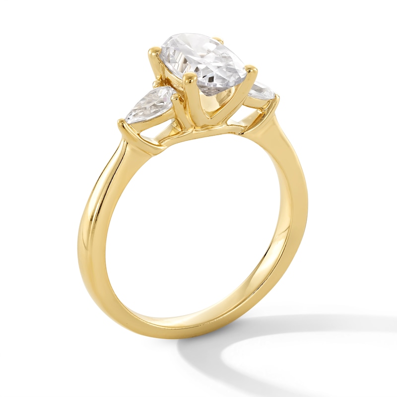 Previously Owned - 1.80 CT. T.W. Oval and Pear-Shaped Certified Lab-Grown Diamond Three Stone Engagement Ring in 14K Gold (F/VS2)