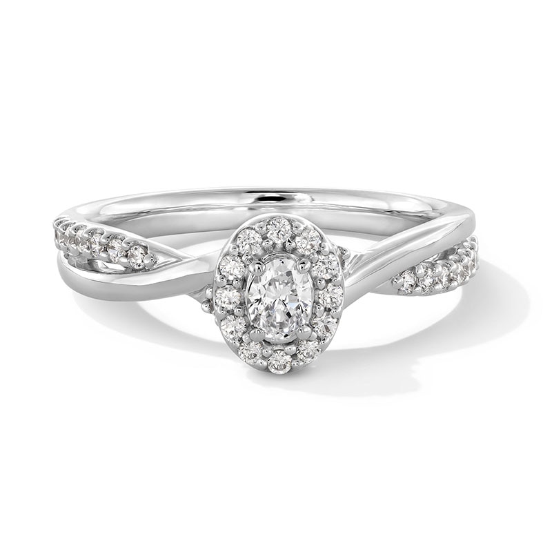 Previously Owned - 0.30 CT. T.W. Oval Lab-Grown Diamond Frame Crossover Shank Promise Ring in Sterling Silver (F/VS2)