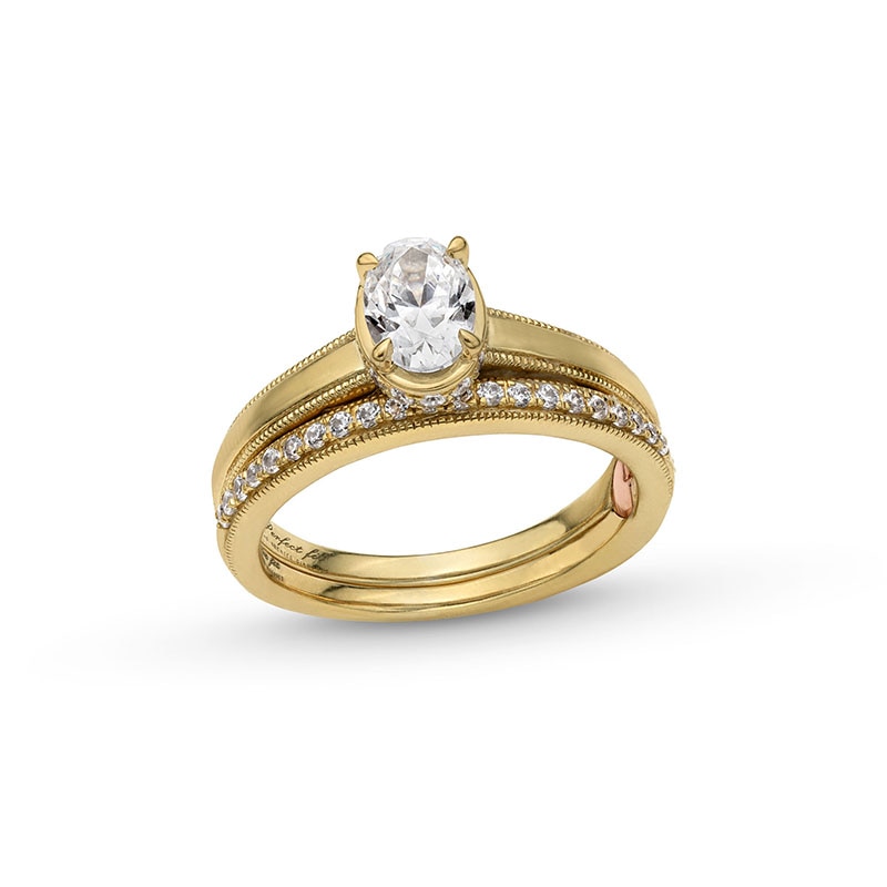 Previously Owned - Perfect Fit 1.00 CT. T.W. Oval Certified Lab-Grown Diamond Vintage-Style Bridal Set in 14K Gold (F/SI2)