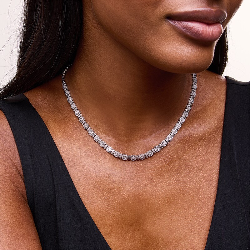 Previously Owned - 0.30 CT. T.W. Diamond Cushion-Shaped Frame Alternating Necklace in Sterling Silver - 17"