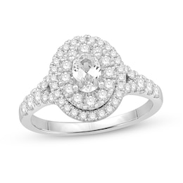 Previously Owned - 1.23 CT. T.W. Oval Diamond Double Frame Split Shank Engagement Ring in 14K White Gold