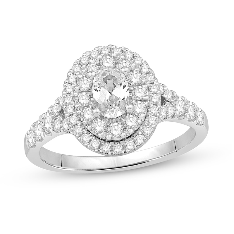 Previously Owned - 1.23 CT. T.W. Oval Diamond Double Frame Split Shank Engagement Ring in 14K White Gold