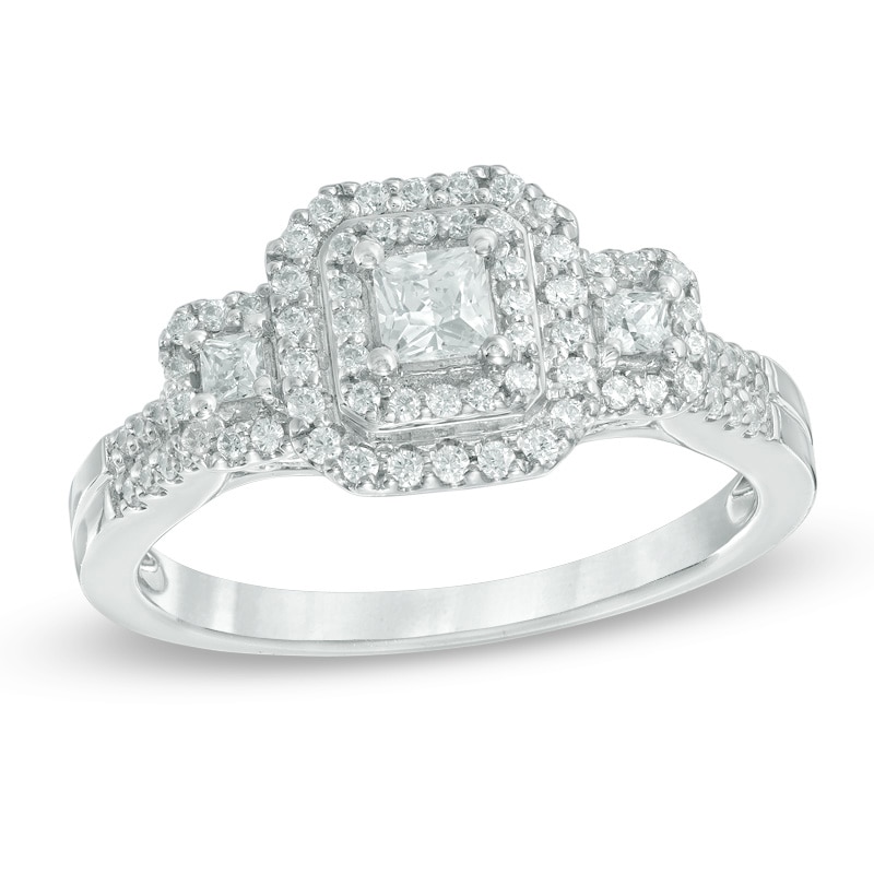 Previously Owned - 0.45 CT. T.W. Princess-Cut Diamond Past Present Future® Double Frame Engagement Ring in 10K White Gold