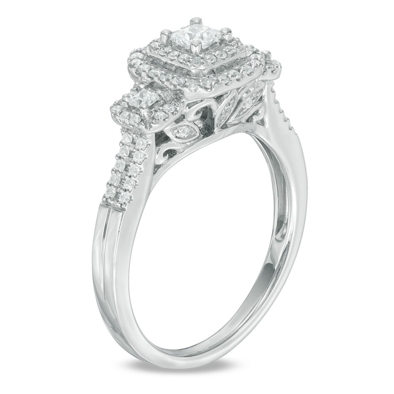 Previously Owned - 0.45 CT. T.W. Princess-Cut Diamond Past Present Future® Double Frame Engagement Ring in 10K White Gold