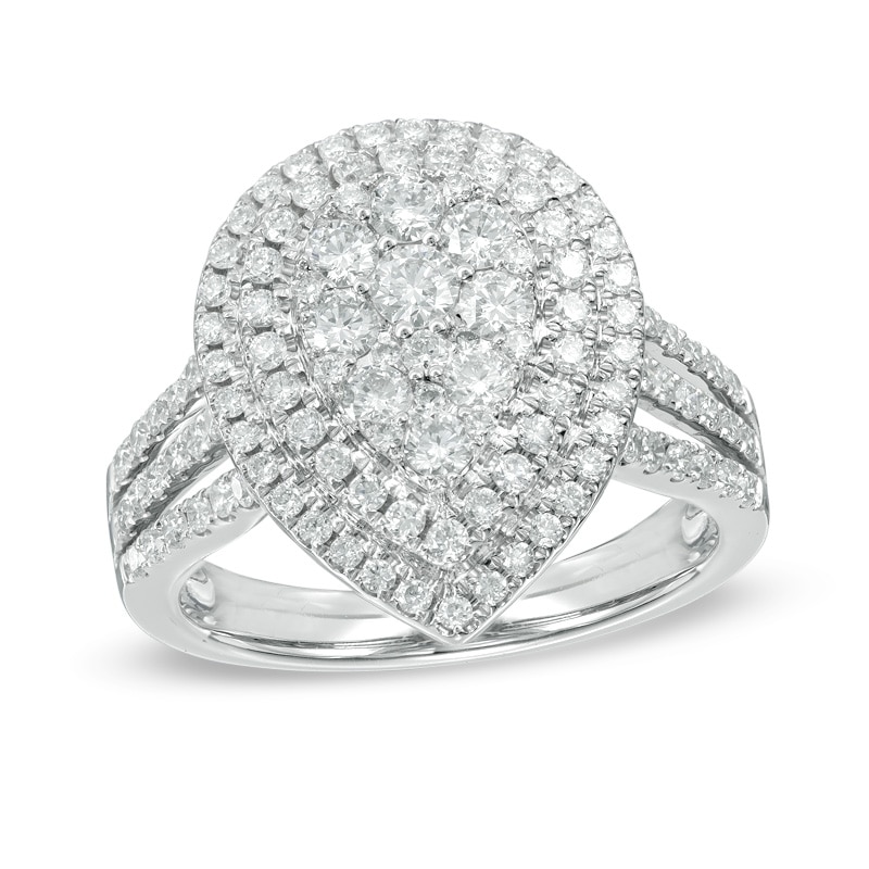 Previously Owned - 1.15 CT. T.W. Diamond Pear-Shaped Composite Frame Triple Row Split Shank Engagement Ring in 14K White Gold