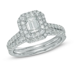 Previously Owned - 1.45 CT. T.W. Certified Canadian Emerald-Cut Diamond Double Frame Bridal Set in 14K White Gold (I/I1)
