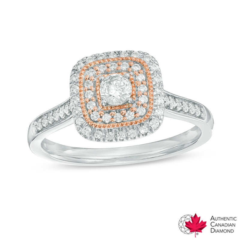 Previously Owned - 0.40 CT. T.W. Certified Canadian Diamond Double Cushion Frame Engagement Ring in 14K Two-Tone Gold (I/I2)