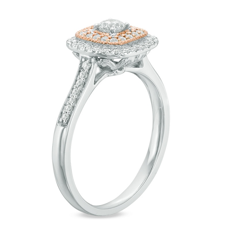 Previously Owned - 0.40 CT. T.W. Certified Canadian Diamond Double Cushion Frame Engagement Ring in 14K Two-Tone Gold (I/I2)