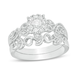Previously Owned - Perfect Fit 0.58 CT. T.W. Diamond Cushion Frame Interlocking Bridal Set in 10K White Gold
