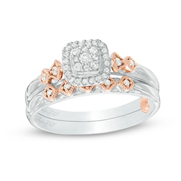 Previously Owned - Perfect Fit 0.18 CT. T.W. Composite Diamond Cushion Frame Interlocking Bridal Set in 10K Two-Tone Gold